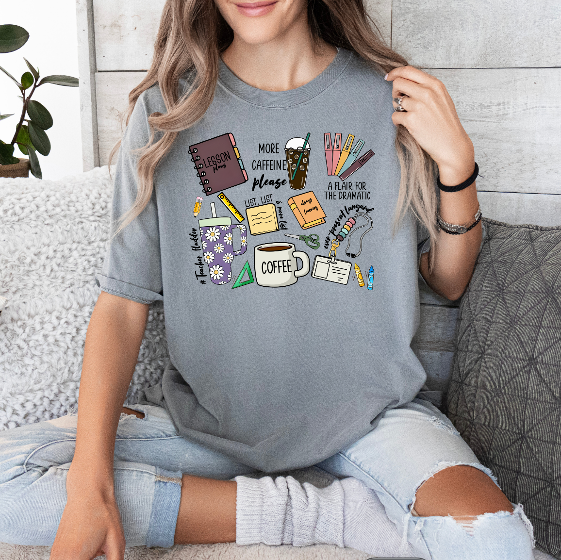 a woman sitting on a couch holding a coffee mug