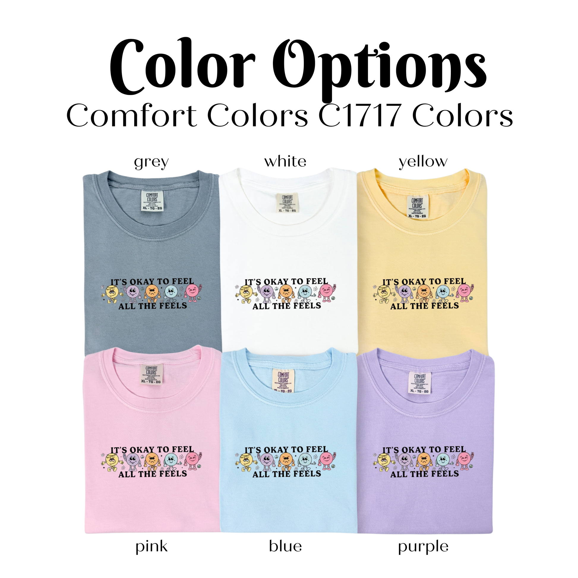 four different colors of t - shirts with the words color options