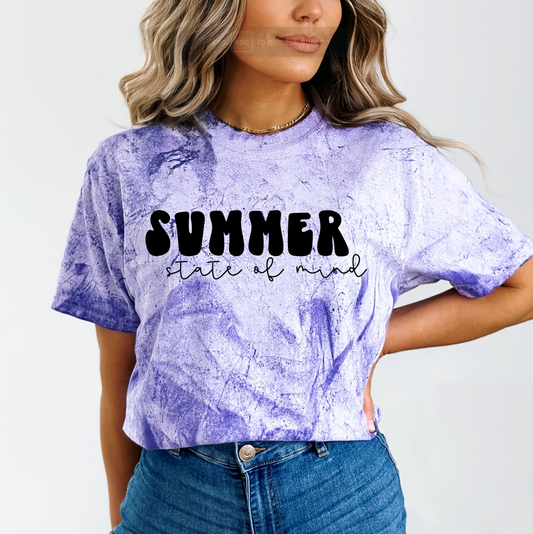 a woman wearing a purple shirt with the word summer written on it