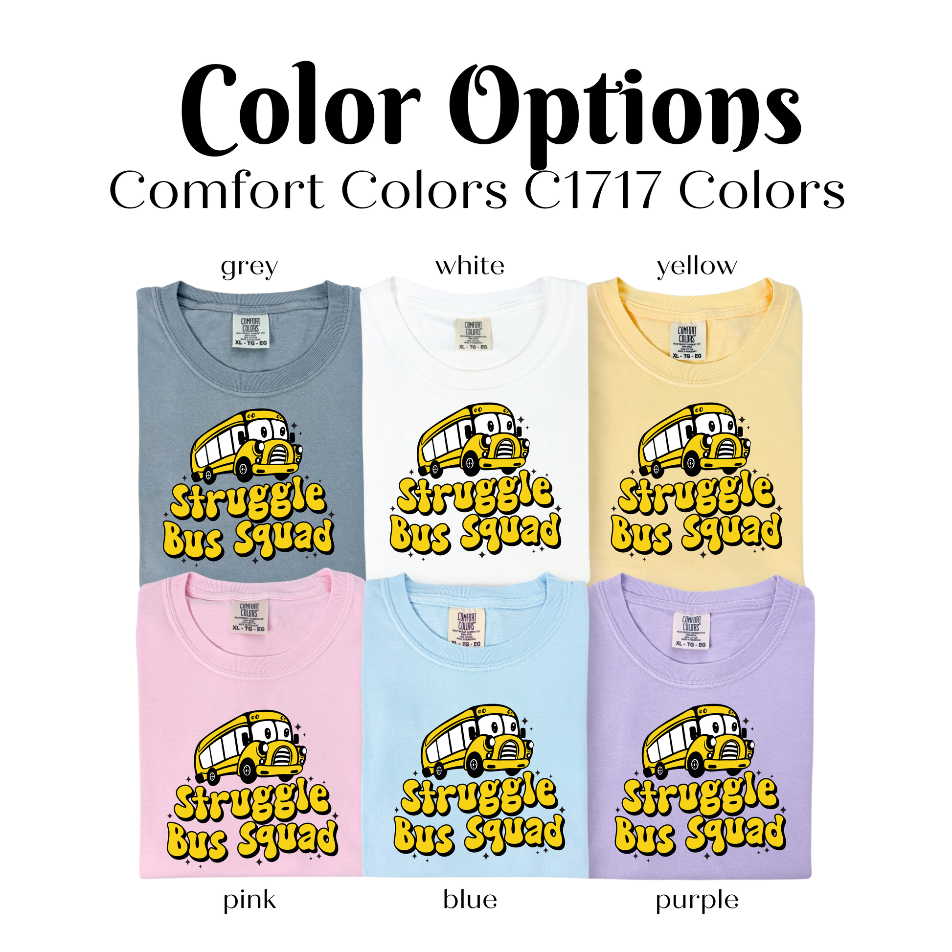 a group of four shirts with the words, color options, and a bus