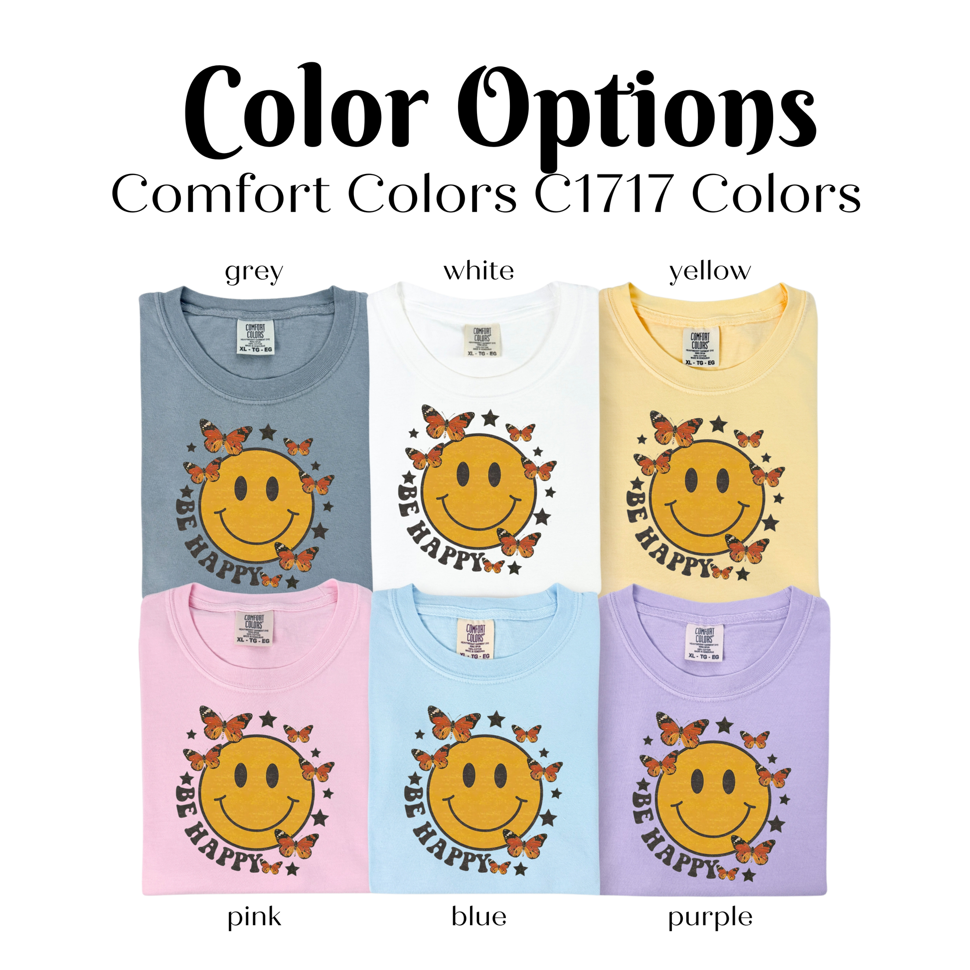 four colors of t - shirts with a smiley face on them