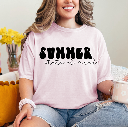 a woman wearing a pink shirt that says summer state of mind