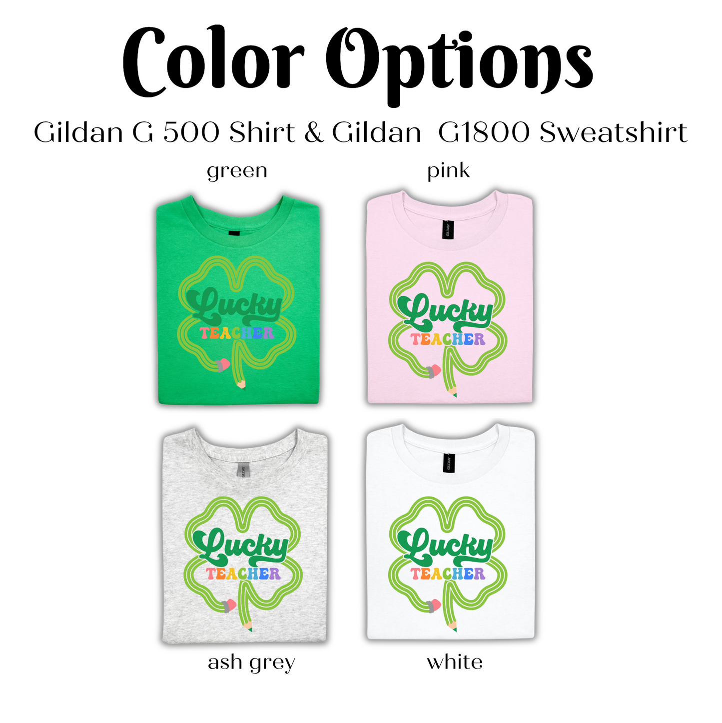 a group of four shirts that say color options