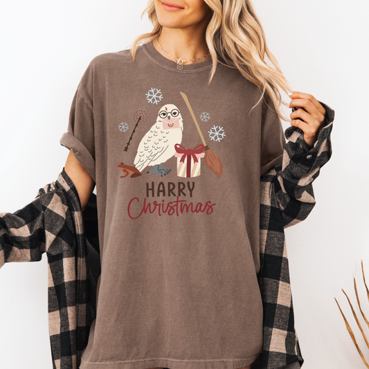 a woman wearing a harry potter christmas shirt