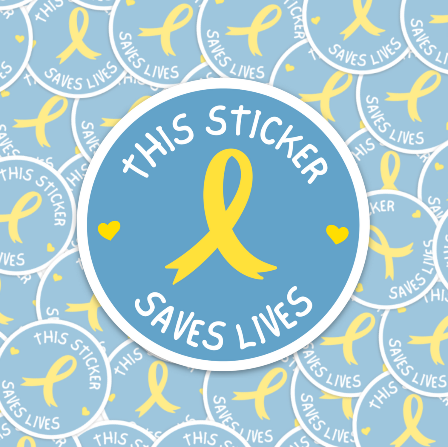 a blue and yellow sticker that says this sticker saves lives