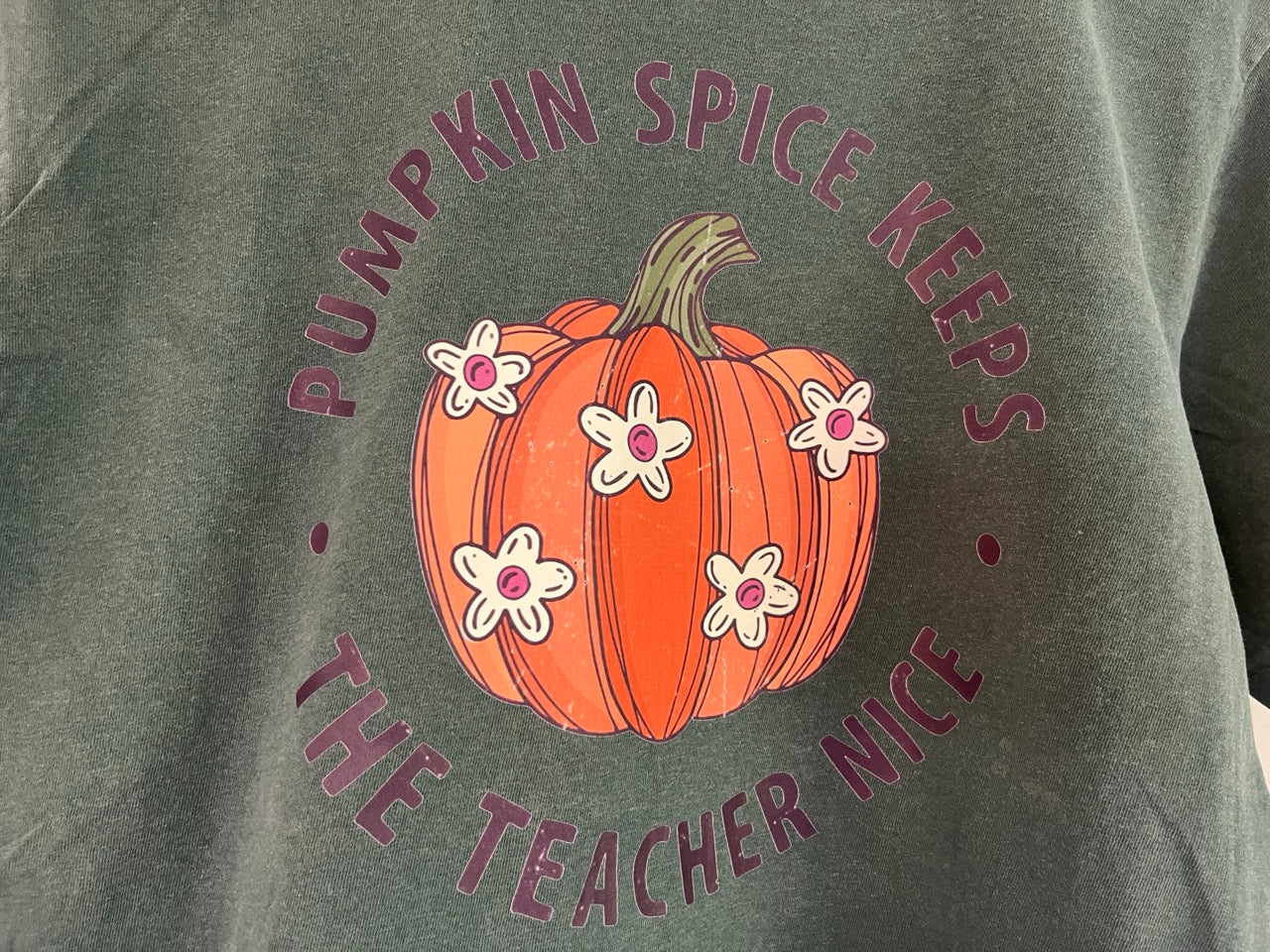 a person wearing a t - shirt with a pumpkin on it