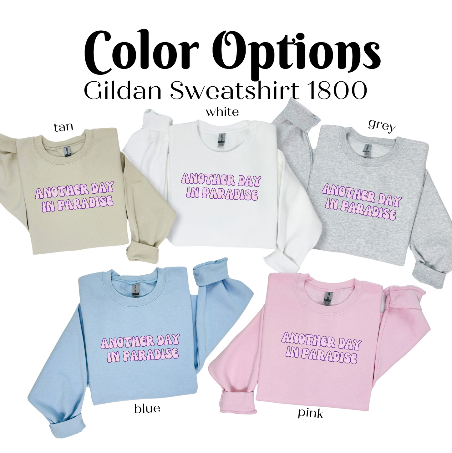 a group of sweaters with the words, color options, and slogan